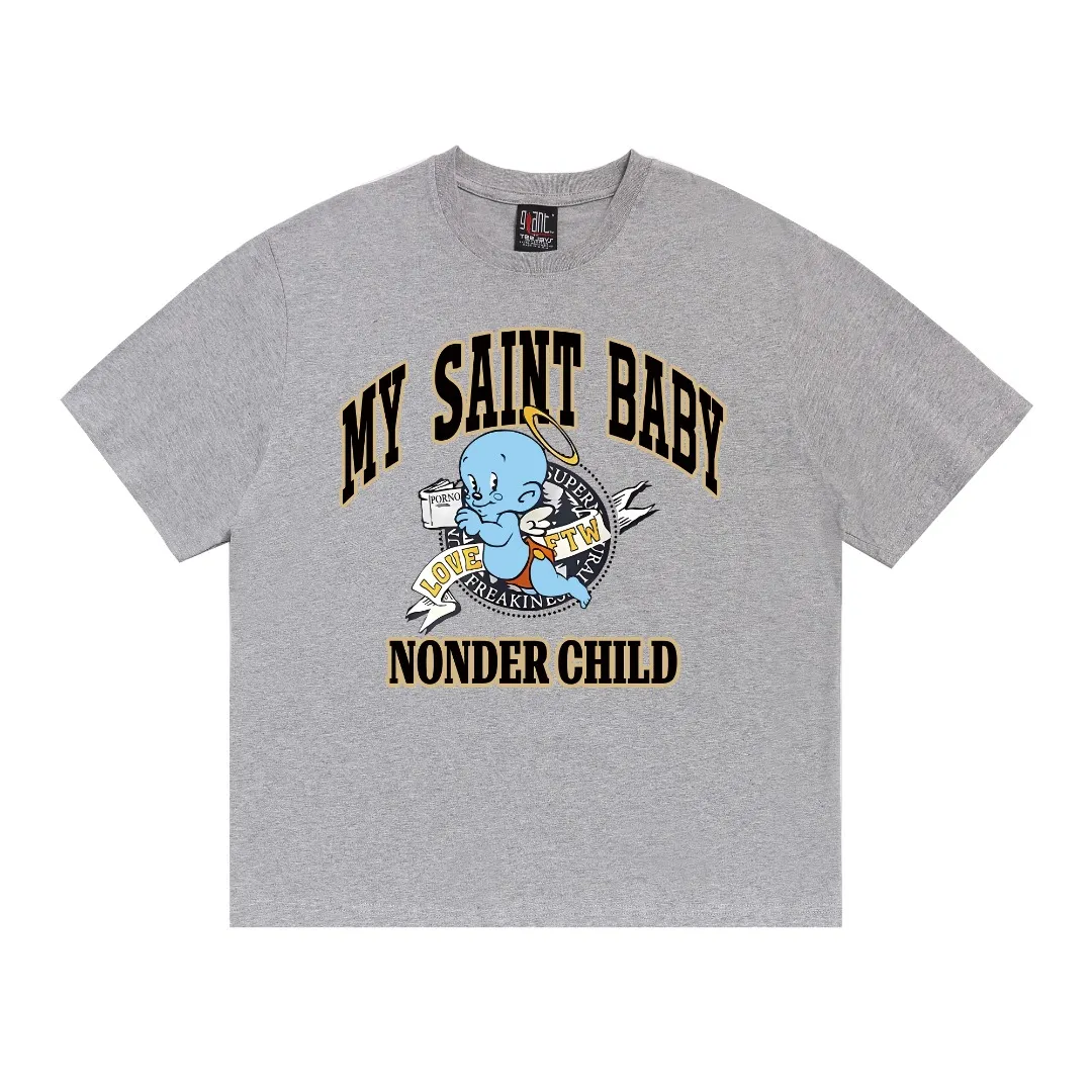 American Saint Michael retro angel baby print, distressed loose vintage casual short-sleeved T-shirt, digital white ink direct injection, breathable fabric, three-dimensional and clear pattern. Fabric: Double yarn 240g Style number: S980 Size: S-M-L-XL Color: Gray Price: P110